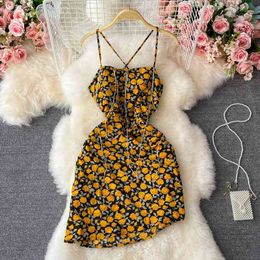 Summer Little Light Yellow Floral Dress Super Fairy Sweet Seaside Holiday Dress 210709