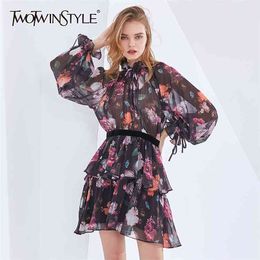 Chiffon Print Floral Dress For Women Stand Collar Long Sleeve High Waist Hit Color Vintage Dresses Female Spring 210520