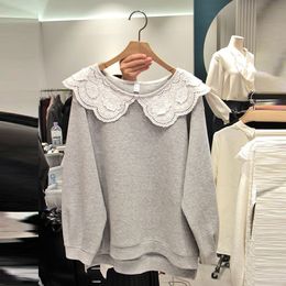 Korean Style Hoody Lace Wild Sweatshirts Women Autumn Casual Fashion Ladies Solid Colour Tops Female 210615