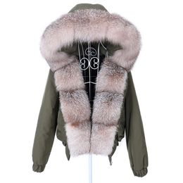 Lavelache Winter Short Women Real Fur Coat Natural Raccoon Fur Collar Detachable Winter Parka Bomber Jacket Waterproof 211123