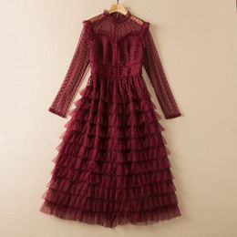 2021 Autumn Winter Long Sleeve Round Neck Black / Red Solid Colour Tweed Hearts Tulle Panelled Tiered Mid-calf Dress Elegant Casual Dresses 21S160915