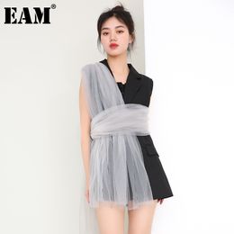 [EAM] Women Loose Fit Black Mesh Bandage Split Joint Irregular Vest Lapel Sleeveless Fashion Spring Summer 1X34101 21512