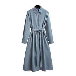 Blue Turn Down Collar Vintage Solid Button Long Sleeve Midi Straight Shirt Dress Elegant Autumn Spring Chic Sash D1438 210514