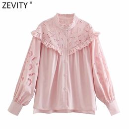 Women Sweet Agaric Lace Hollow Out Embroidery Casual Pink Blouse Femme Long Sleeve Ruffles Roupas Chic Blusas Tops LS9213 210420