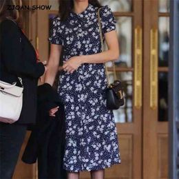 France Fitted Vestidos Centre Buttons Slit Flower Midi Dress Vintage Navy Sunflower Print Summer 210429