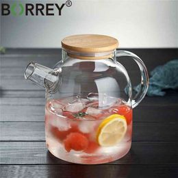 BORREY Big Heat-Resistant Glass Teapot Flower Tea Kettle Large Clear Fruit Juice Container Ceramic Holder Base 210724
