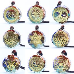 Retro Round Reiki Healing Stone Seven Chakra Orgone Energy Symbol Pendant Necklace Gravel Meditation Amulet Orgonite Crystal Necklaces