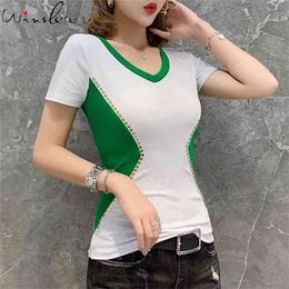 Women Tshirt Fashion Female Short Sleeve V Neck T-shirt Contrast Color Partchwork Summer Slim Tee Tops Cotton T03012B 210421