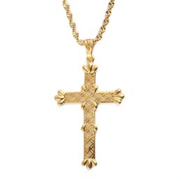 New God Saint Jesus Christ Cross Pendant Necklaces Chain Jewellery Gift 24K Gold Colour Catholic Necklace