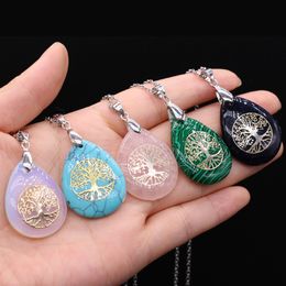 Waterdrop Tree of Life Symbol Reiki Healing Natural Stone Pendant Necklace Chakra Amethyst Pink Rose Crystal Link Chain Necklaces Women Jewellery