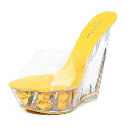 HOKSVZY Super High Heel Cool Slipper Transparent Special-shaped Crystal Slipper Waterproof Platform 15CM Wedges Women Sandal JMG7Y67