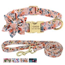 Custom engraved dog collar with leash Nylon printed dog ID collar for pet walking with small medium to large dog flower accessories