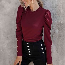 Top t-shirt for Women Autumn Winter Solid Colour Women's Slim Fit Blouses female Full Casual t shirt tops Puff Sleeve 210514