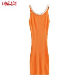 Tangada Women Orange Pearl Decorate Neck Backless Knit Dress Strap Sleeveless Fashion Lady Dresses Vestido AI88 210609