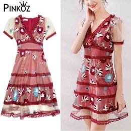 red flower embroidery mesh v-neck knee length dress summer short sleeve casual sweet girl fashion vestido de mujer 210421
