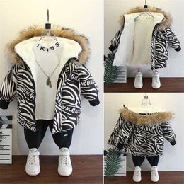 Winter Parka 2-7Y Baby Boys' Cotton Padded Clothes Plus Velvet Thickened Fur Collar Hooded Long Warm Jacket For Children's Coat 211203