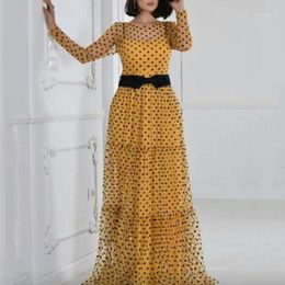 Casual Dresses Xxl Xxxl Women Maxi Yellow Dress Two Piece Transparent Mesh Vintage Polka Dot Vestiods Plus Size Spring Autumn Long Sheer