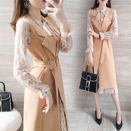 Spring two-piece dress autumn goddess temperament lace with vest jacket suit skirt Office Lady Button Fly 210416