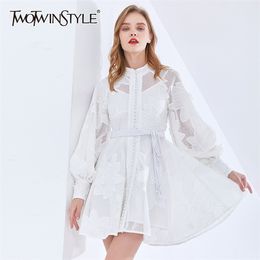 Print Elegant Embroidery Dress For Women Stand Collar Lantern Sleeve Lace Up Bowknot White Dresses Female Fashion 210520