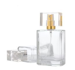2022 bouteilles de parfum carrés vides 30ml 50 ml vide clair de parfum de parfum de verre de verre carré bouteille d'atomiseur rechargeable Taille de voyage en gros SN1227