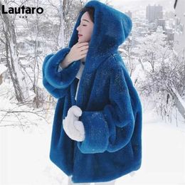 Lautaro Winter Oversized Warm Blue Soft Faux Fur Coat Women with Hood Long Sleeve Zipper Fluffy Jacket Loose Korean Fashion 211018