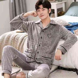 Men's Flannel Pajamas Sets Thick Warm Winter 2Piece/Sets Plus Size Long Sleeve Pyjamas Suit Turn-Down Collar Homewear Pyjamas 211111