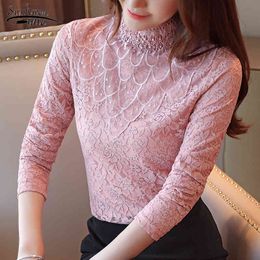 Autumn Women Clothes Long Sleeve Solid Lace Blouse Tops OL Turtleneck Plus Size Mesh Shirt Blusas 7099 50 210508