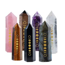 Natural crystal pillar arts moon phase degaussing lunar eclipse six-sided single-pointed energy stone decorative ornaments quartz point