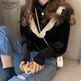 Lace Ruffle Patchwork Women Velour Blouse Korean Long Sleeve Turtleneck Shirt Autumn Winter Basic Blusa Mujer 12494 210508