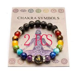 Charm Bracelets 2Pcs 7 Chakra For Women Men Natural Crystal Stone Lava Rock Healing Anxiety Feng Shui Jewellery Gift