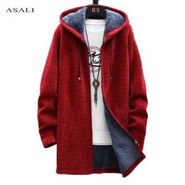 Spring Men's Slim Sweaters Men Fleece Cardigan Hoodie Casual Long Hooded Sweater Thick Warm Sweater Coat Mens Clothing 211008