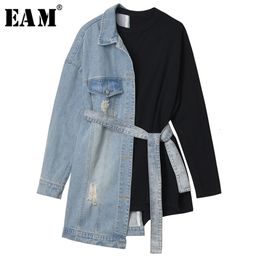 [EAM] Loose Fit Denim Split Bandage Sweatshirt Round Neck Long Sleeve Women Big Size Fashion Spring Autumn 1H839 210803