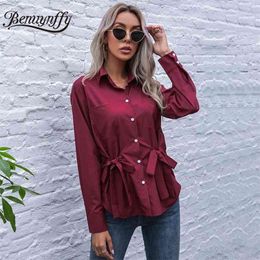 Turn-down Collar Button Up Knot Front Shirt Women Spring Pocket Long Sleeve Female Casual Office Solid Blouse Shirts 210510