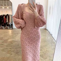 Korean Chic Knitted 2 Piece Set Women Single-breasted Lantern Sleeve Cardigan Sweater Coat + Sexy Spaghetti Strap Dress 210514