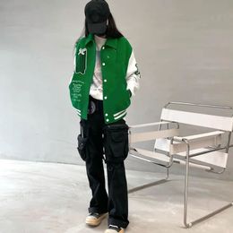 Green Men Jacket Flocking Leather Sleeves Baseball Coat Uniform Jacket Single Breasted Warm Jackets Couples Varsity Coats