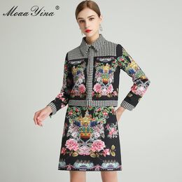 Fashion Designer Set Spring Women's Long sleeve jacket Tops+Anime Floral-Print Short skirt Black Two-piece sets 210524