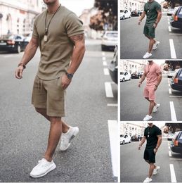 Mens Tracksuit 21 Summer Short Sleeves & Shorts Casual Pure Color Outfits Men Breathable Two Piece Pants Active Sweatsuits