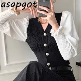 Elegant Chic Fashion V Neck Pearl Single-breasted Ruffle Patchwork Lantern Sleeve Knitted Top Casual Sweaters&Jumpers Cardigan 210610