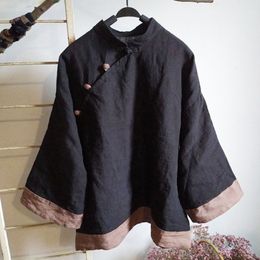 Johnature Women Autumn Black Vintage Shirts Linen Stand Long Sleeve Button Blouses Patchwork Colour Female Shirts Tops 210521