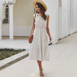 Women Polka-dot Pink White Ruched Midi Dresses Ladies Elegant Lacing-Up Bow Tie Casual Summer Clothes For Women 210415