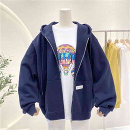 BiggOrange Plus size Pullovers Hoodies Women Brown Blue Zip Up Sweatshirt Summer Jacket oversize Clothes Vintage Pockets Tops 210805