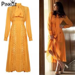 Autumn Women Chiffon Lace Stitching Orange Dress Elegant Slim Casual With Pleated Party Evening Max 210421
