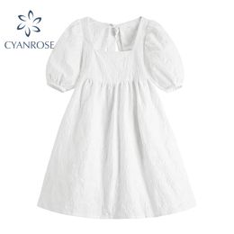 French White Mini Dress Square Collar Vintage Loose Crop Dress For Ladies Elegant Puff Short Sleeve Sweet Vestidos Mujer 210417