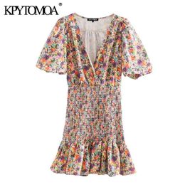 Women Chic Fashion Floral Printed Ruffled Mini Dress Puff Sleeve Elastic Smocked Female Dresses Vestidos 210420