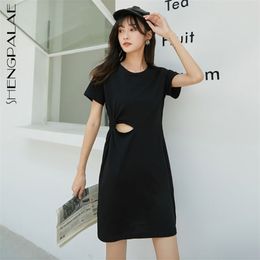 elegant hollow out tie dress women's summer round neck slim waist short sleeve mini dresses female 5C768 210427