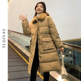 Yedinas Winter Women Solid Lamb Fur Coat Casual Long Cotton Pockets Jacket Turn Down Collar Oversized Thick Parkas Female 210527