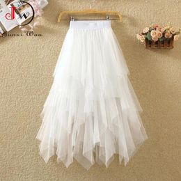 Women Sweet Midi Skirt Spring And Summer High Waist Solid Asymmetrical Elegant Chic White Mesh Tulle Skirts Faldas 210510