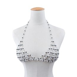 Ingemark Sexy White Black Imitation pearl Beads Body Beach Bikini Harness Bra Chain Necklace Bralette Jewelry for Women