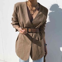 [EWQ] Summer New Fashion And Elegant Brown V-neck Three-button Loose Casual Two-pocket Suit Jacket With Belt Women 16F1075 210423