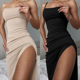 WannaThis Side Split Dress Women Sexy Sleeveless Solid Knitted Ankle-Length Party Dress Slim Elastics Off Shoulder Dress Cotton X0521